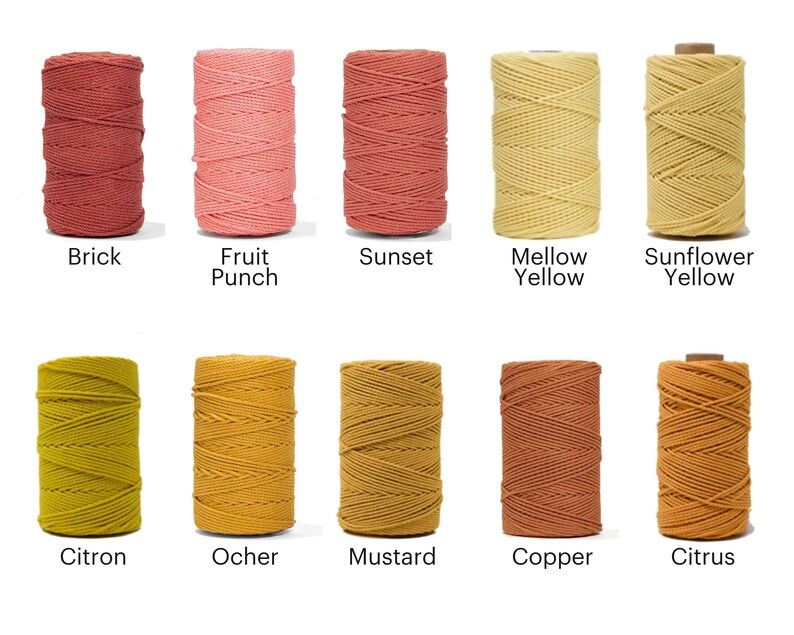 May include: Ten spools of cotton rope in various colors, including brick, fruit punch, sunset, mellow yellow, sunflower yellow, citron, ocher, mustard, copper, and citrus.