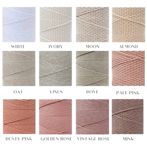 May include: Twelve spools of cotton cord in various colors, including white, ivory, moon, almond, oat, linen, dove, pale pink, dusty pink, golden rose, vintage rose, and mink.