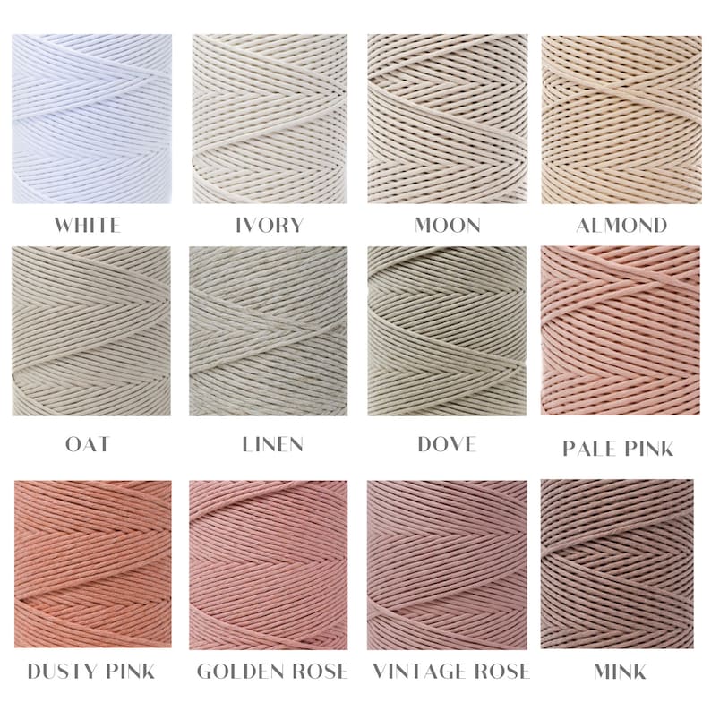 May include: Twelve spools of cotton cord in various colors, including white, ivory, moon, almond, oat, linen, dove, pale pink, dusty pink, golden rose, vintage rose, and mink.
