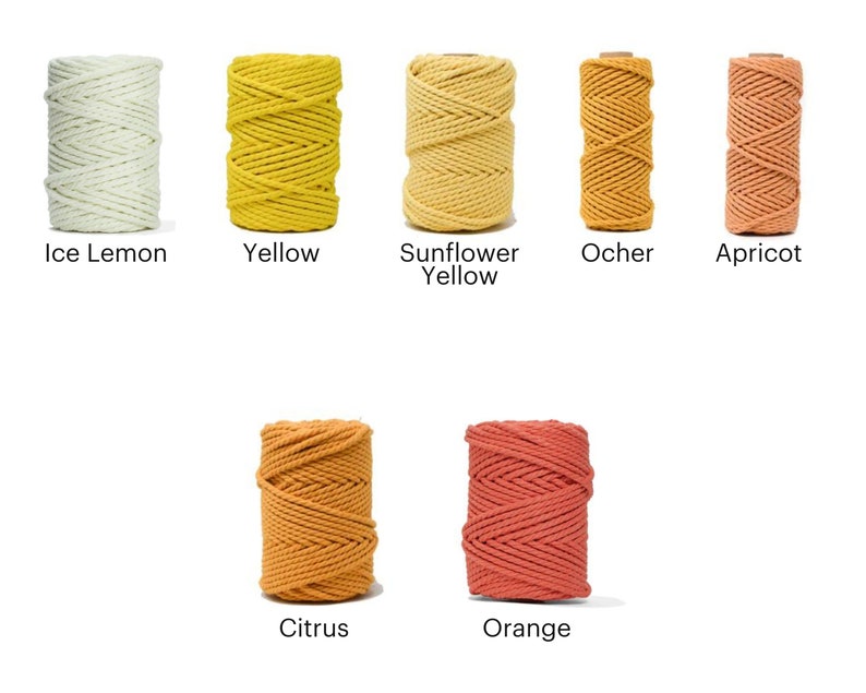K&ouml;nnte beinhalten: Sortiment aus Baumwollseilen in verschiedenen Gelb-, Orange- und Rott&ouml;nen. Die Farben umfassen Ice Lemon, Gelb, Sonnenblumen Gelb, Ocker, Aprikose, Zitrus und Orange.