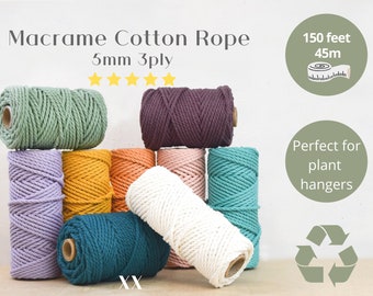 GANXXET MACRAME COTTON Rope - 5 mm 3PLY ; Recycled Cotton Cord; macrame 3 strands cord; cotton rope for plant hangers, wall art macrame