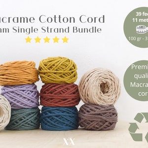 May include: A bundle of eight 4mm single strand macrame cotton cords in various colours, including beige, purple, red, green, blue, and yellow. Each cord is 39 feet (11 metres) long and weighs 100 grams (3.53 ounces).