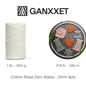 May include: A spool of natural white cotton rope, 1 lb. - 450 g., 479 ft. - 146 m., 2mm 3ply, labeled "Cotton Rope Zero Waste - 2mm 3ply".