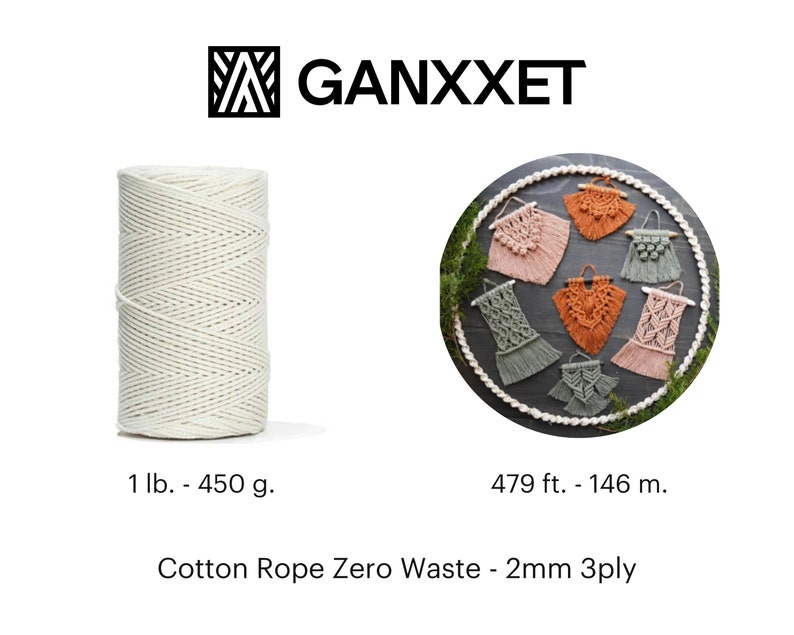 May include: A spool of natural white cotton rope, 1 lb. - 450 g., 479 ft. - 146 m., 2mm 3ply, labeled "Cotton Rope Zero Waste - 2mm 3ply".