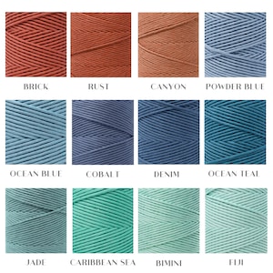 May include: A collection of 12 spools of cotton cord in various shades of blue, green, and red. The colors are labeled with names like "Brick", "Rust", "Canyon", "Powder Blue", "Ocean Blue", "Cobalt", "Denim", "Ocean Teal", "Jade", "Caribbean Sea", "Bimini", and "Fiji".