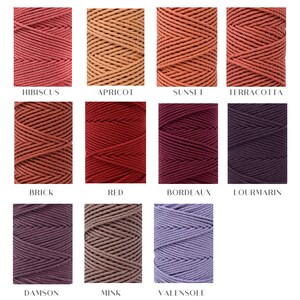 Op de afbeelding: Een verzameling van 10 spoelen katoenen touw in verschillende tinten rood, paars en bruin. De kleuren zijn genoemd: Hibiscus, Abrikoos, Zonsondergang, Terracotta, Baksteen, Rood, Bordeaux, Loumarin, Damson, Mink en Valensole.