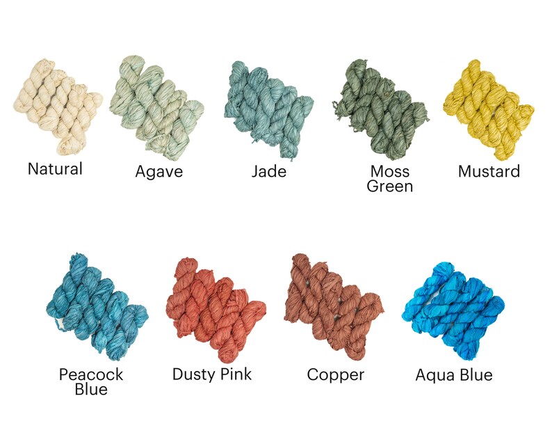 May include: Ten skeins of hand-dyed yarn in various colors, including natural, agave, jade, moss green, mustard, peacock blue, dusty pink, copper, and aqua blue.