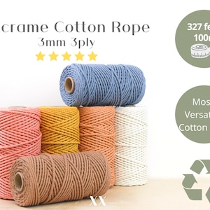 Cordon en coton MACRAME GANXXET - 3 mm 3 brins ; Corde en coton recyclé ; cordon macramé 3 mm 3 épaisseurs ; cordelette en coton macramé ; Cordon en macramé de 3 mm