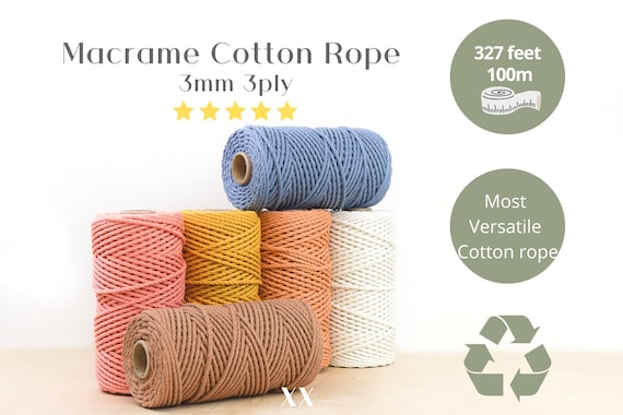 GANXXET MACRAME Cotton Cord - 3 mm  3 strands ; Recycled cotton rope; macrame 3mm 3 ply cord; macrame cotton cord; 3mm macrame cord