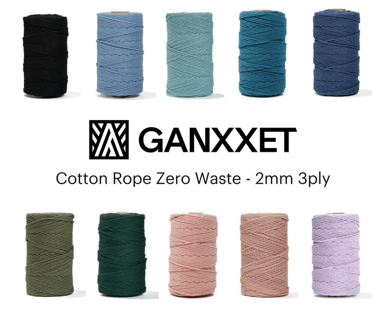 May include: Assortment of 10 spools of 2mm 3-ply cotton rope in various colors, including black, blue, green, pink, and purple. The rope is made from zero waste cotton and is perfect for crafting and macrame projects. GANXXET Cotton Rope Zero Waste - 2mm 3ply