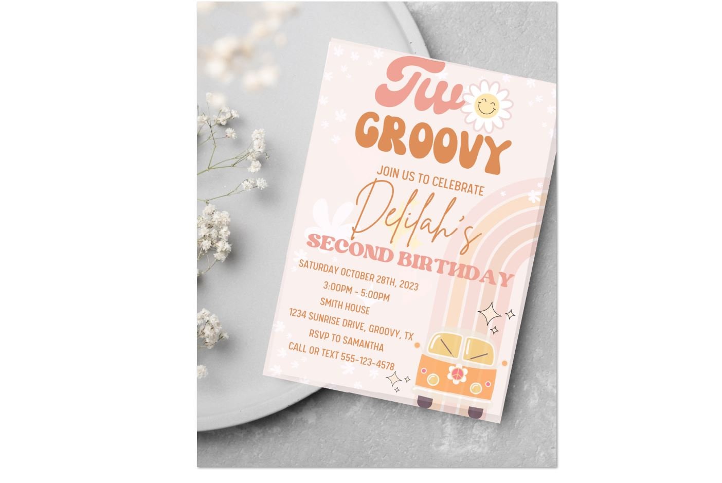 Two Groovy Birthday Invite Groovy One First Birthday Invitation Retro Groovy Hippie 70s Rainbow Instant Download Editable