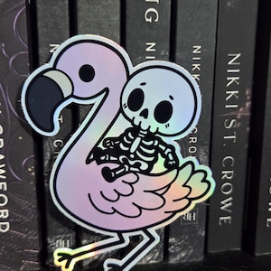 Holographic Flamingo Skeleton Sticker | “Jerry” Alt Aesthetic Vinyl Decal | Sleep Token Vibes | 3&quot; Bookish Sticker | Halloween Cute Goth