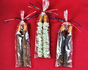 Caramel Pretzel Rods covered in Chocolatey Goodness. (Includes 2 per bag)