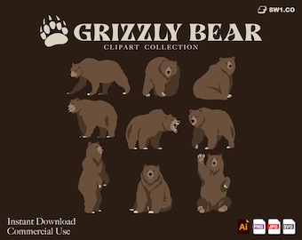 Grizzly bear clipart bundle | INSTANT DOWNLOAD | Commercial Use | Grizzly bear svg, Digital download | ai. jpg. png. svg. files