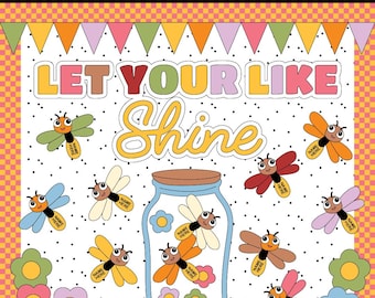 May include: Bulletin board kit with the text "Let Your Light Shine" and a jar with fireflies. The fireflies have spaces to write names. The kit includes colorful flowers and flags.