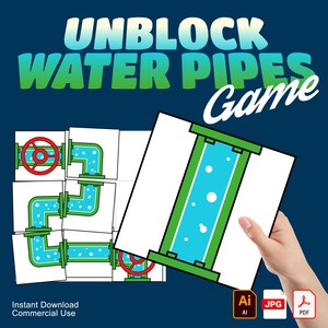Op de afbeelding: Een puzzelspel met de tekst "UNBLOCK WATER PIPES Game" op een donkerblauwe achtergrond. Het spel bevat puzzelstukken met blauwe waterleidingen, groene connectoren en rode kleppen. Directe download voor commercieel gebruik.
