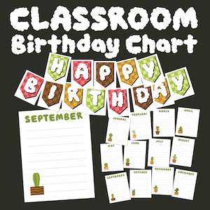 Cactus Printable Decorative Birthday Chart for Classroom Decor and Door Decor | Commercial Use | INSTANT DOWNLOAD | Digital Download