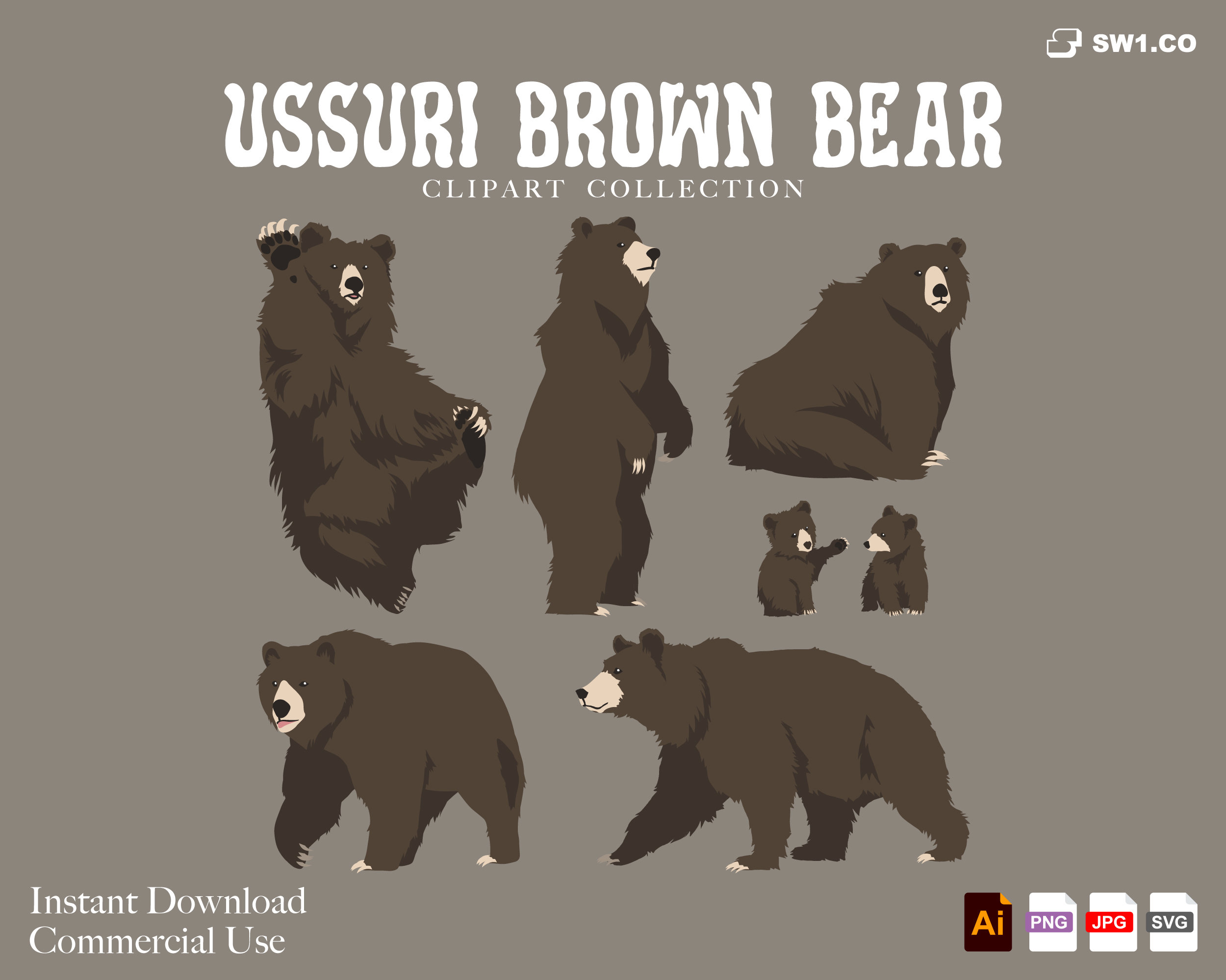 Ussuri Brown Bear Clipart Set INSTANT DOWNLOAD Commercial Use, Brown