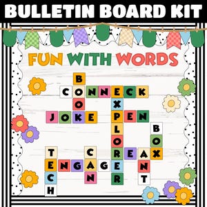 May include: A colourful bulletin board kit with the words "Fun with Words" and a crossword puzzle with the words "Connect", "Joke", "Pen", "Explore", "Box", "Engage", and "React".