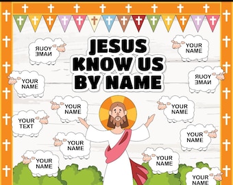 May include: A bulletin board kit with a white wood background and a colorful border. The center of the board features a cartoon image of Jesus with the text "Jesus Know Us By Name". There are several white sheep with blank name tags around the image.