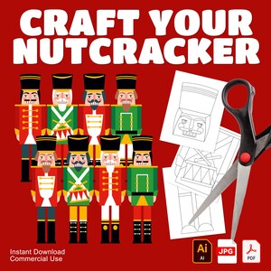 Puede incluir: Un fondo rojo con el texto "CRAFT YOUR NUTCRACKER" en blanco. La imagen presenta un grupo de figuras de cascanueces coloridas, dibujos lineales de cascanueces y un par de tijeras. La imagen también incluye iconos de tipo de archivo.
