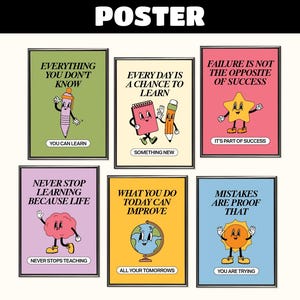 Pósteres retro para el aula / Pósteres coloridos sobre mentalidad de crecimiento para la decoración del aula / Uso comercial / DESCARGA INSTANTÁNEA / Descarga digital
