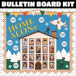 May include: A bulletin board kit with a blue background featuring the text "HOME ALONE". The kit includes a house with 16 photo frames, two Christmas trees, a plane, and a figure of a person dressed as a burglar. The kit also includes several text boxes that say "YOUR TEXT".