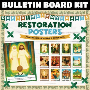 May include: A set of 12 colorful posters featuring illustrations from the Doctrine and Covenants for Primary 2025. The posters include images of Joseph Smith's First Vision, the Restoration of the Church, and other important events in Church history.