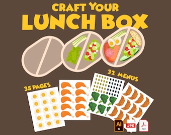 May include: An illustration with the text "Craft Your Lunch Box" in yellow. The image features a lunch box design with food items like eggs, vegetables, and bread. Additional elements include food stickers and the text "35 Pages" and "32 Menus".