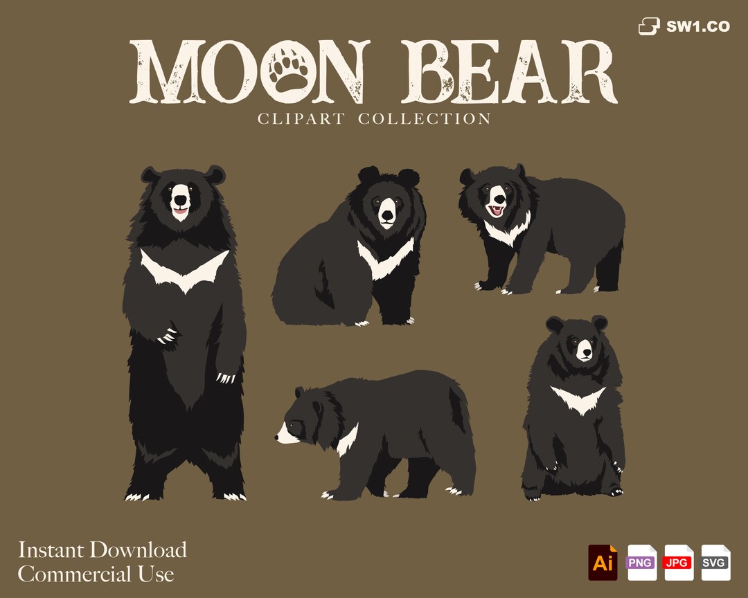 Asian Black Bear Clipart Set INSTANT DOWNLOAD Commercial Use, Moon Bear