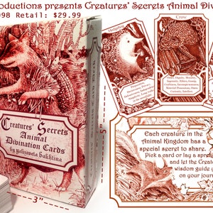 May include: A deck of 56 illustrated divination cards featuring various animals, with a red and white tuck box. The box is 5 inches tall and 3 inches wide. The cards are described as "Creatures' Secrets Animal Divination Cards by Yelizaveta Bakhtina".