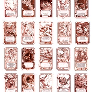 May include: A set of 48 illustrated cards featuring different animals with their associated traits and characteristics. Each card has a red border and a detailed illustration of the animal. The cards are printed on a white background.