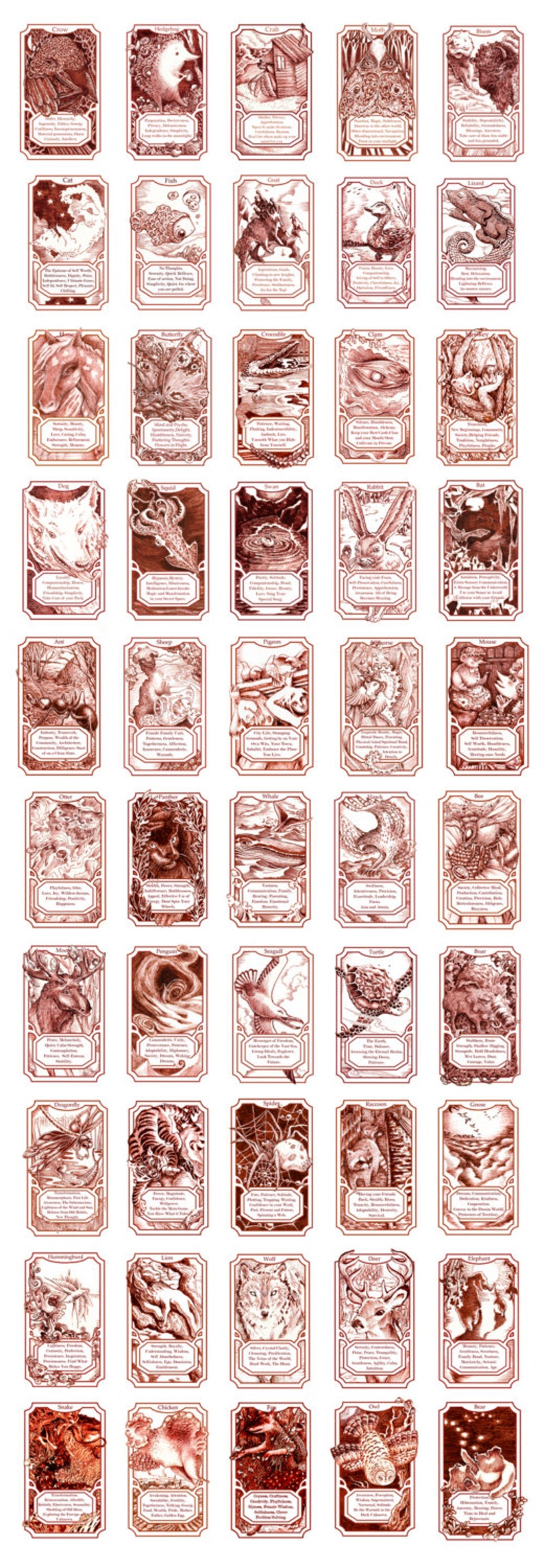 May include: A set of 48 illustrated cards featuring different animals with their associated traits and characteristics. Each card has a red border and a detailed illustration of the animal. The cards are printed on a white background.