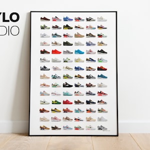 May include: A framed print featuring a grid of colorful sneakers. The sneakers are arranged in rows and columns, showcasing a variety of designs and color schemes. The print has a black frame and the text "KEYLO STUDIO" in the upper left corner.