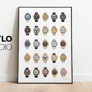 Puede incluir: Una impresión enmarcada que presenta una colección de relojes de lujo. Los relojes tienen varios diseños, incluyendo oro, plata y negro, con esferas de diferentes colores. La impresión incluye el texto "KEYLO STUDIO".