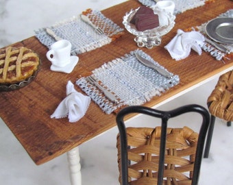 Dollhouse Miniature 1:12 Table Placemat, Artisan Modern Farmhouse Doll House Fairy Kitchen Rustic Woven Gray White Rust Dining Table Mat