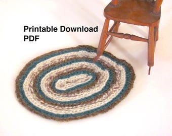 Alfombra ovalada en miniatura para casa de muñecas a escala 1:12 o 24, alfombra de piso de papel imprimible en PDF, decoración rústica de cabaña campestre en tonos verde bosque y marrón.