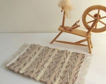 Dollhouse Rug, 1:12 Scale Miniatures Artisan Handmade Woven Neutral Beige Brown Wool Carpet, Shaker Style Furniture for Rustic Farmhouse