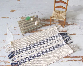 Dollhouse Miniature Rug, 1:12 Artisan Handmade Woven Blue Stripe Accessory for Nautical Beach House, Modern Scandinavian Farmhouse Kitchen