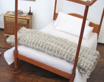 Dollhouse Miniature Bedding, Bed Blanket, 1:12 Scale Artisan Wool Cotton Alpaca Bedspread, Country Cabin Bedroom Modern Rustic Furniture