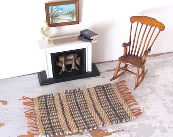 Dollhouse Rug, 1:12 Miniature Artisan Woven Gold Brown Gray Stripe Wool Carpet, Rustic Primitive Country Cabin Doll House Furniture Decor