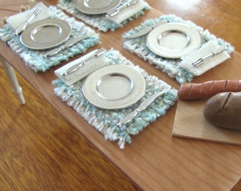 Dollhouse Miniature Placemats, Kitchen Table Mats, 1/12 Scale Artisan Modern Beach Cottage Cabin Farmhouse Furniture, Woven Seafoam Green