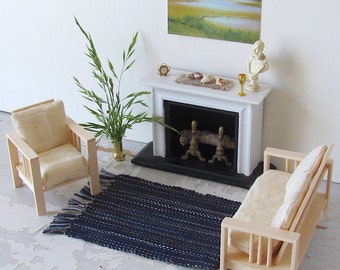 Dollhouse Miniature Rug, 1:12 Scale Artisan Handmade Carpet Woven in Navy Ocean Blue, Seaside Coastal Nautical Beach House, Cabin Furniture
