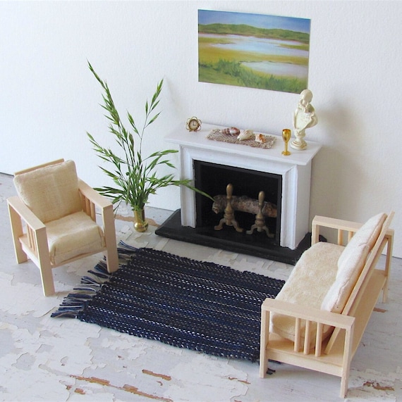 Dollhouse Miniature Rug, 1:12 Scale Artisan Handmade Carpet Woven in Navy Ocean Blue, Seaside Coastal Nautical Beach House, Cabin Furniture