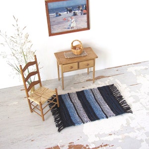 Ocean Blue Beige Stripe Carpet, 1:12 Scale Dollhouse Artisan Woven Miniature Rug, Modern Coastal Nautical Beach Cottage Furniture Accessory image 2