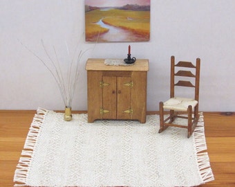 Dollhouse Rug 1:12 Scale Miniature Carpet, Artisan Hand Woven Sand Beige Diamond Stripe Modern Beach Cottage Scandinavian Farmhouse Doll Rug
