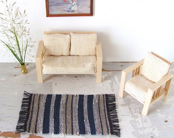 Dollhouse Miniature Rug, Artisan 1:12 Scale Doll House Furniture Handmade Woven Blue Stripe for Scandinavian Nautical Seaside Beach Cottage