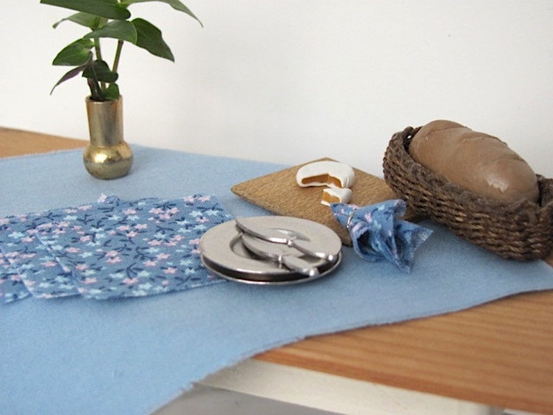 Dollhouse Miniature Blue Table Cloth Napkin Set, 1:12 Artisan Dolls House Furniture Spring Summer Garden Fairy Cottage Kitchen Dining Decor image 2