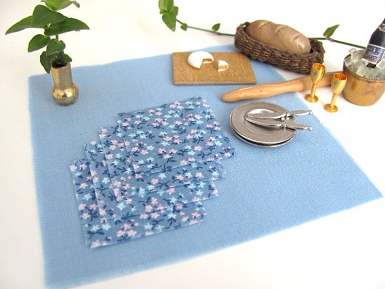 Dollhouse Miniature Blue Table Cloth Napkin Set, 1:12 Artisan Dolls House Furniture Spring Summer Garden Fairy Cottage Kitchen Dining Decor image 4