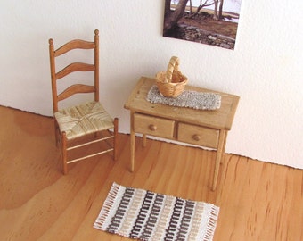 Dollhouse Miniature Rug, Brown Stripe Woven Carpet, 1:12 1/24 Scale Artisan Doll House Furniture for Modern Cabin or Scandinavian Farmhouse